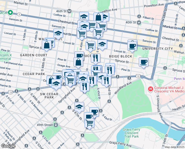 map of restaurants, bars, coffee shops, grocery stores, and more near 4323 Larchwood Ave in Philadelphia