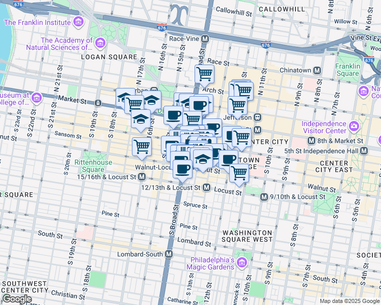 map of restaurants, bars, coffee shops, grocery stores, and more near 1325 Walnut Street in Philadelphia