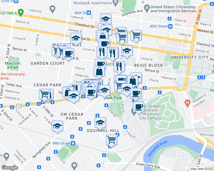 map of restaurants, bars, coffee shops, grocery stores, and more near 438 South 44th Street in Philadelphia