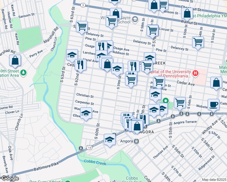 map of restaurants, bars, coffee shops, grocery stores, and more near 5919 Webster Street in Philadelphia