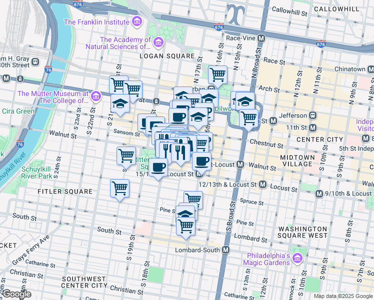 map of restaurants, bars, coffee shops, grocery stores, and more near 135 South 17th Street in Philadelphia