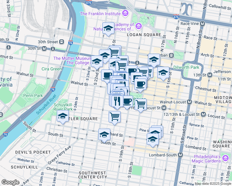 map of restaurants, bars, coffee shops, grocery stores, and more near 2010 Walnut Street in Philadelphia