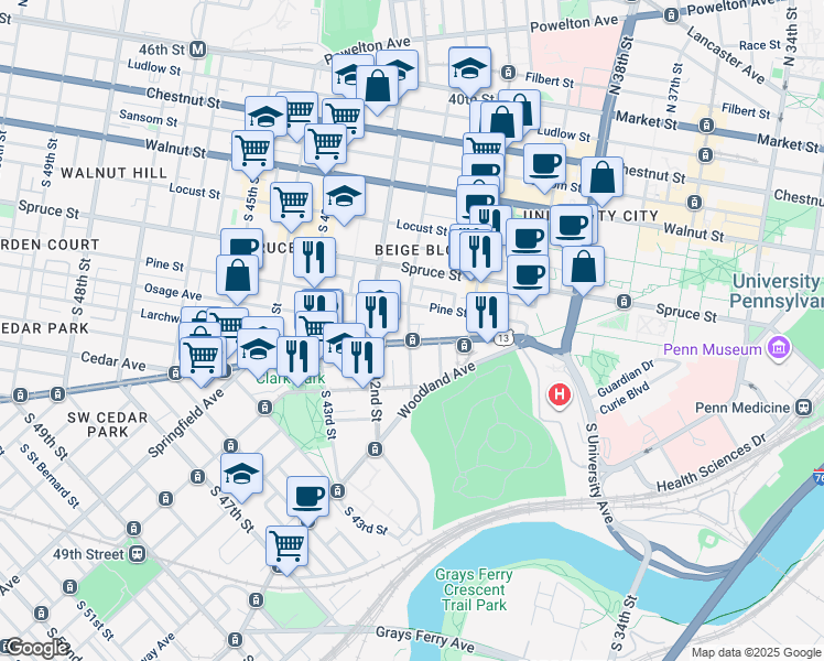 map of restaurants, bars, coffee shops, grocery stores, and more near 405 South 41st Street in Philadelphia