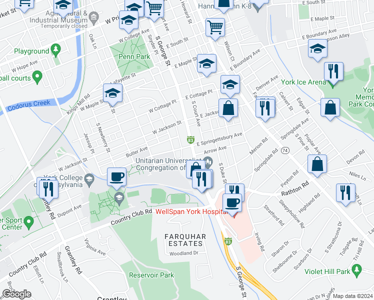 map of restaurants, bars, coffee shops, grocery stores, and more near 900 South George Street in York