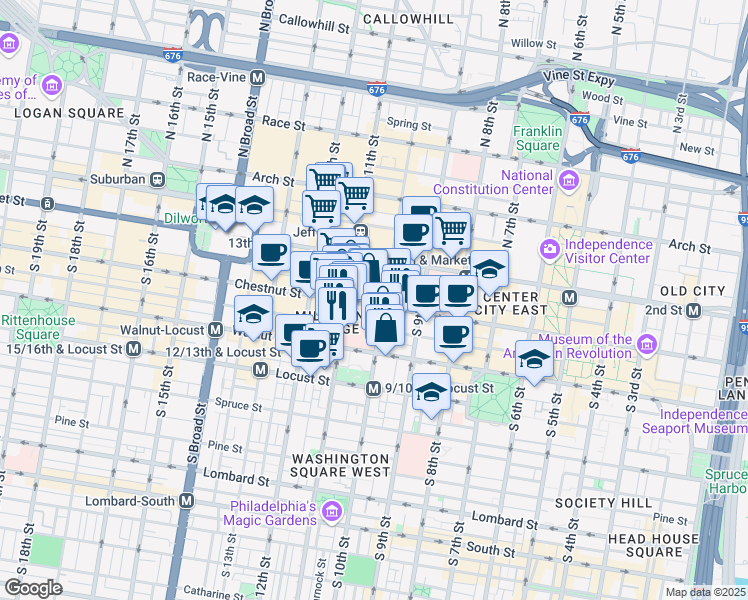map of restaurants, bars, coffee shops, grocery stores, and more near 1013 Chestnut Street in Philadelphia