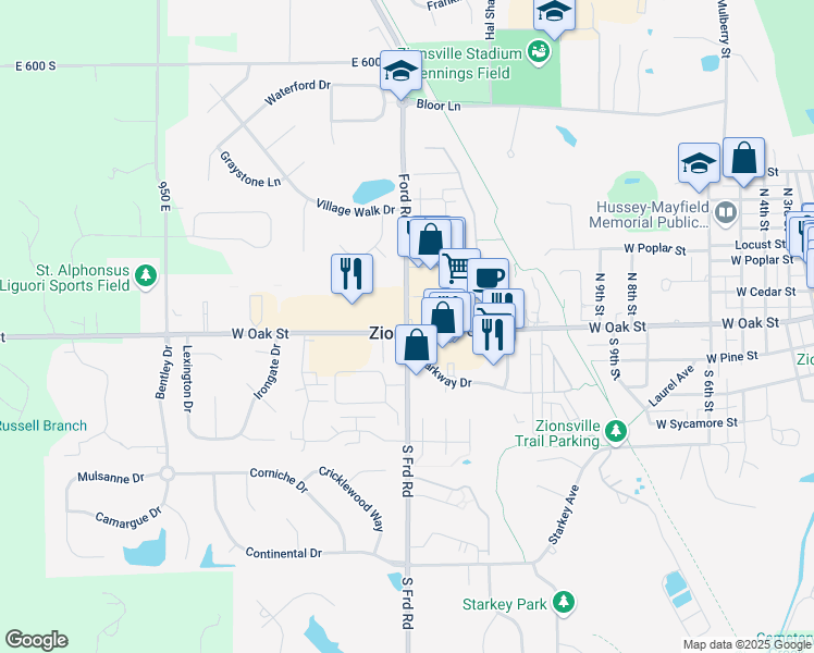 map of restaurants, bars, coffee shops, grocery stores, and more near in Zionsville