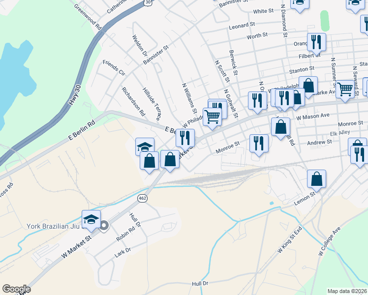 map of restaurants, bars, coffee shops, grocery stores, and more near 2510 West Market Street in York