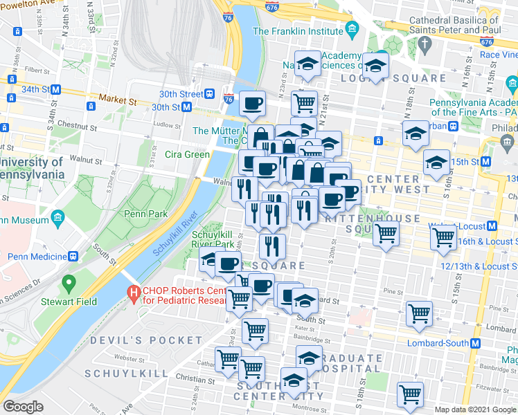 map of restaurants, bars, coffee shops, grocery stores, and more near 224 South 23rd Street in Philadelphia