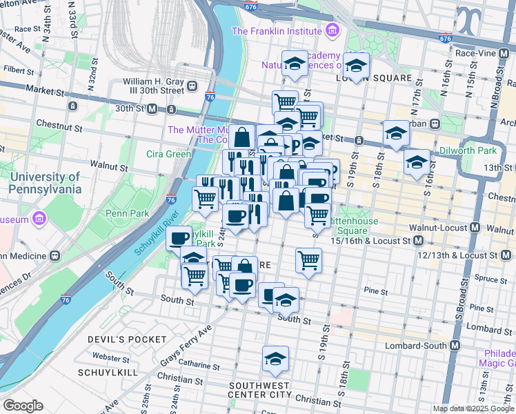 map of restaurants, bars, coffee shops, grocery stores, and more near 2202 Saint James Place in Philadelphia