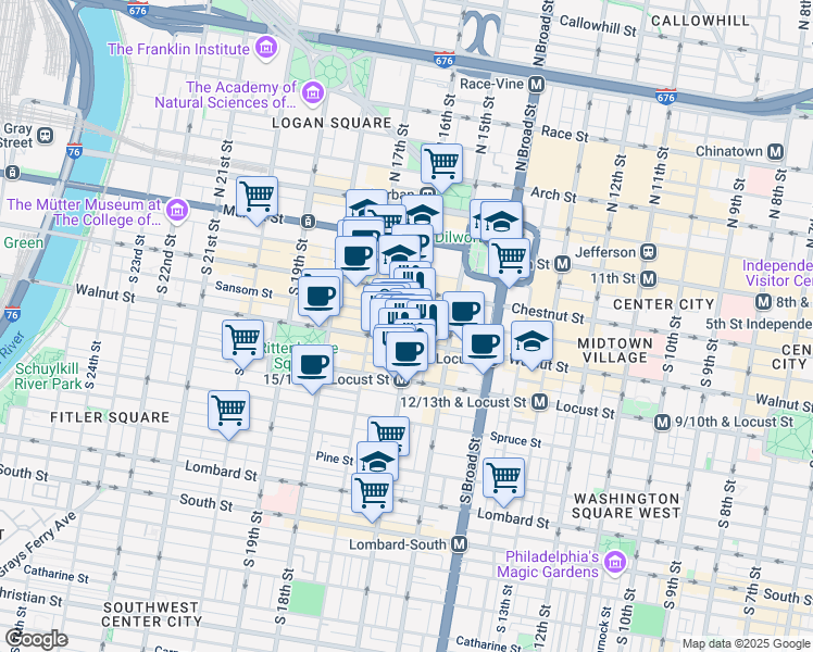 map of restaurants, bars, coffee shops, grocery stores, and more near 1606 Walnut Street in Philadelphia
