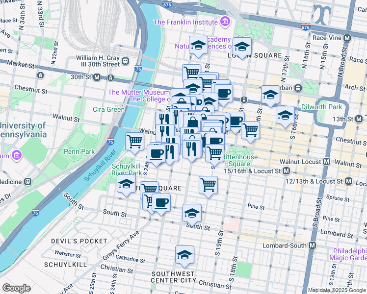 map of restaurants, bars, coffee shops, grocery stores, and more near 2127 Saint James Street in Philadelphia