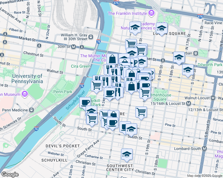 map of restaurants, bars, coffee shops, grocery stores, and more near 224 South 23rd Street in Philadelphia