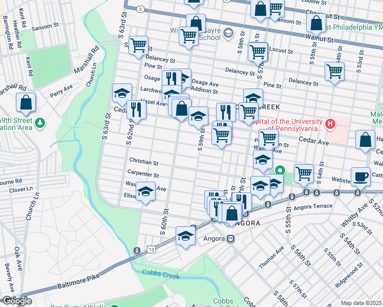 map of restaurants, bars, coffee shops, grocery stores, and more near 5919 Webster Street in Philadelphia