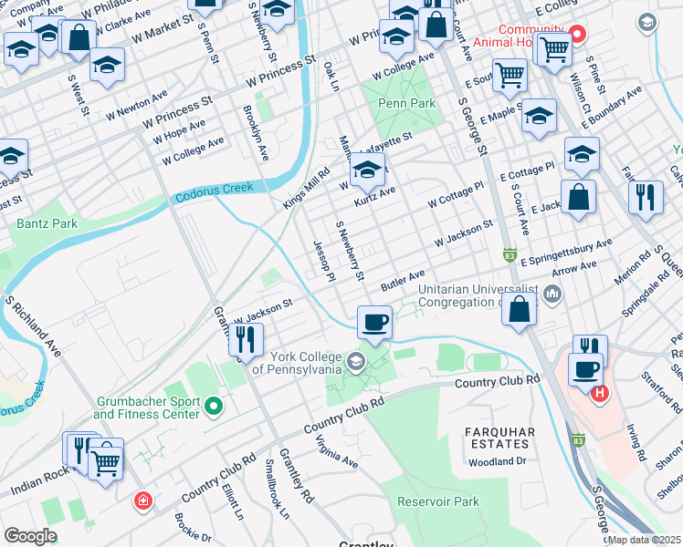 map of restaurants, bars, coffee shops, grocery stores, and more near in York