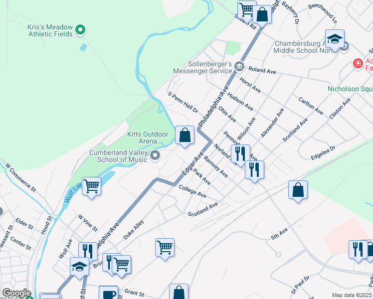 map of restaurants, bars, coffee shops, grocery stores, and more near 1015 Philadelphia Avenue in Chambersburg