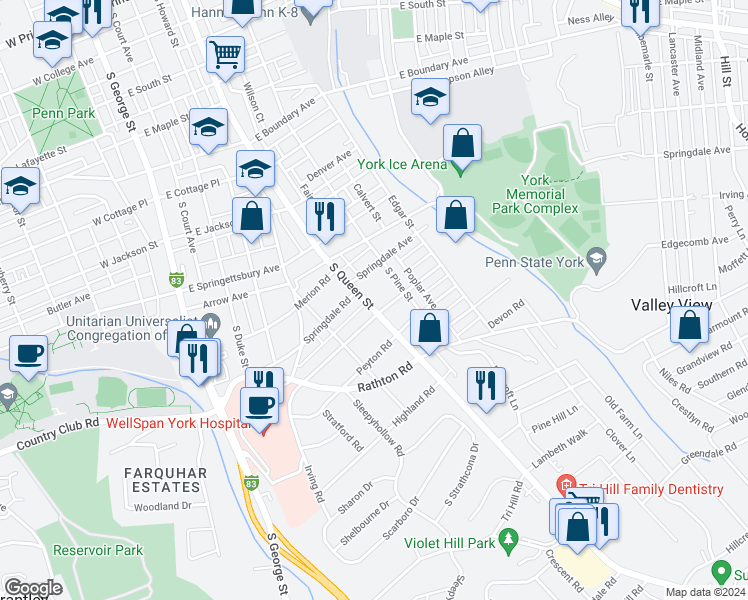 map of restaurants, bars, coffee shops, grocery stores, and more near 1027 South Queen Street in York