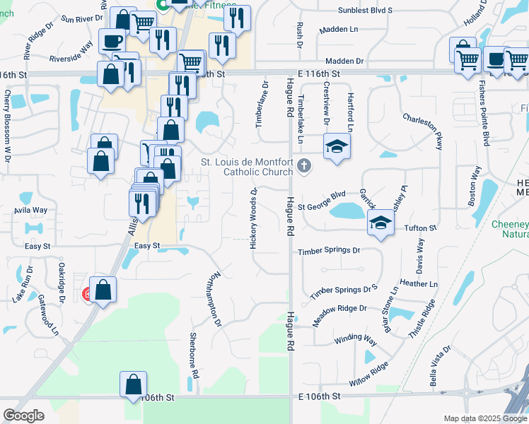 map of restaurants, bars, coffee shops, grocery stores, and more near 7535 Broad Leaf Lane in Fishers