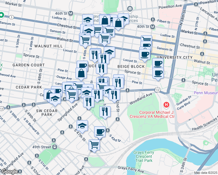 map of restaurants, bars, coffee shops, grocery stores, and more near 4224 Osage Avenue in Philadelphia