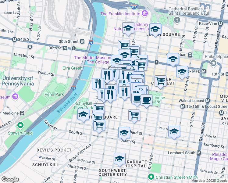 map of restaurants, bars, coffee shops, grocery stores, and more near 229 South 22nd Street in Philadelphia
