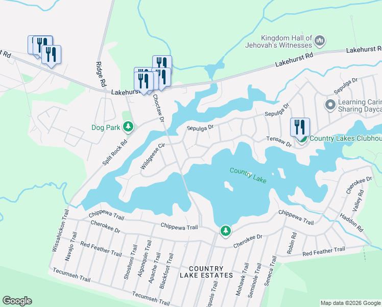 map of restaurants, bars, coffee shops, grocery stores, and more near 7 Talledega Trail in Country Lake Estates
