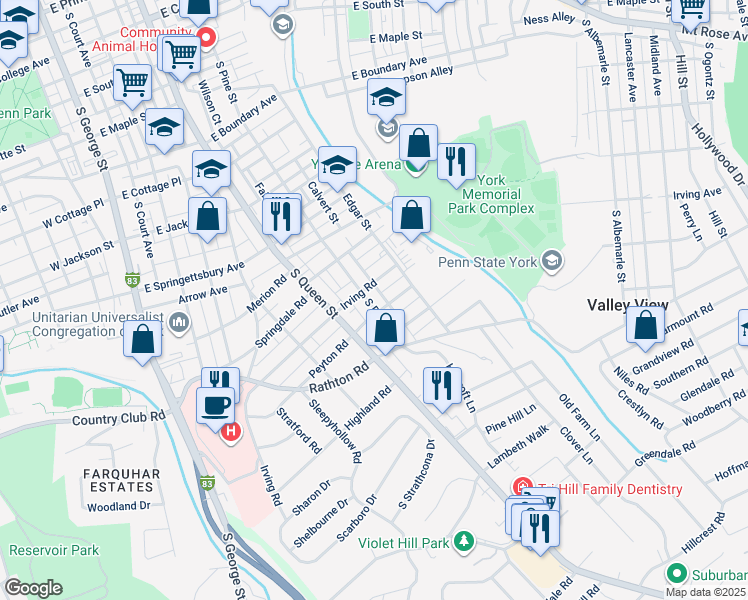 map of restaurants, bars, coffee shops, grocery stores, and more near 1115 South Pine Street in York