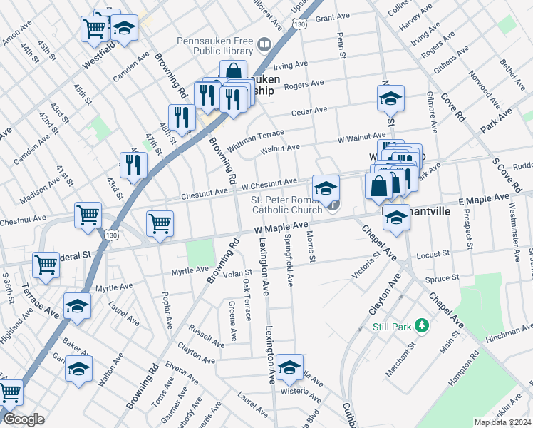 map of restaurants, bars, coffee shops, grocery stores, and more near 21 Lexington Avenue in Merchantville