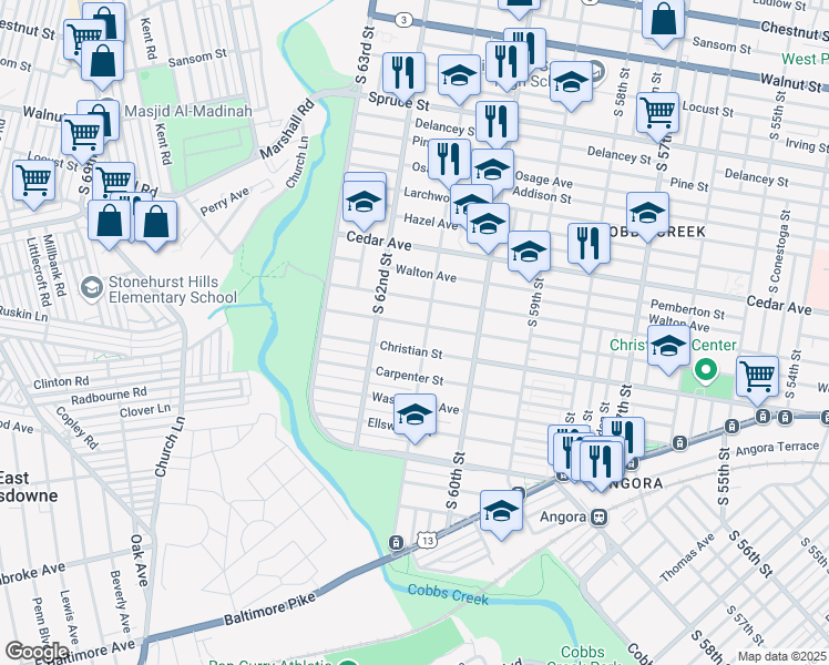 map of restaurants, bars, coffee shops, grocery stores, and more near 6112 Webster Street in Philadelphia