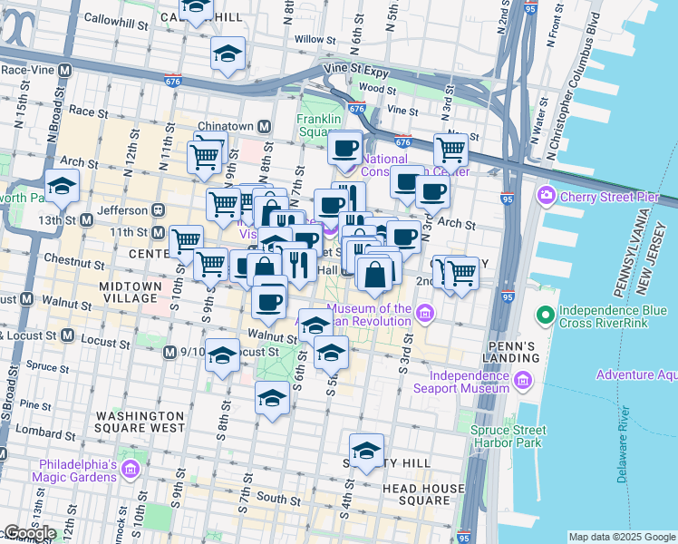 map of restaurants, bars, coffee shops, grocery stores, and more near 525 Market Street in Philadelphia