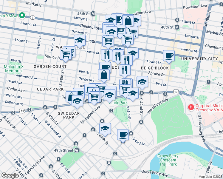 map of restaurants, bars, coffee shops, grocery stores, and more near 438 South 44th Street in Philadelphia