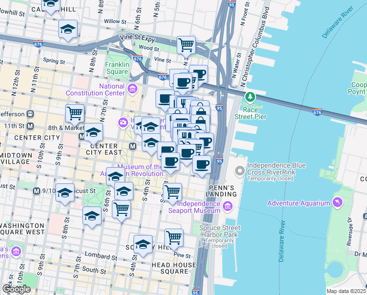 map of restaurants, bars, coffee shops, grocery stores, and more near 227 Market Street in Philadelphia