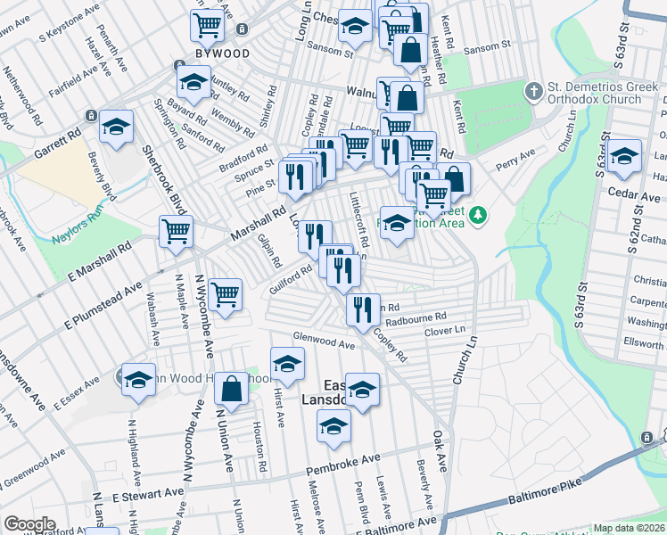 map of restaurants, bars, coffee shops, grocery stores, and more near 541 Glendale Road in Delaware County