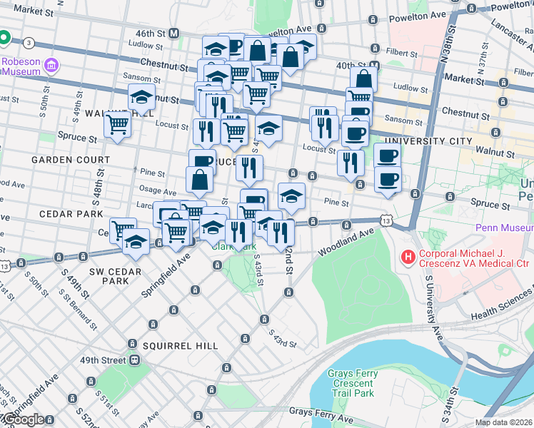 map of restaurants, bars, coffee shops, grocery stores, and more near 4226 Pine Street in Philadelphia
