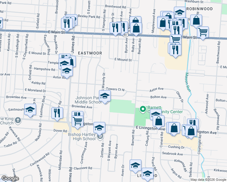 map of restaurants, bars, coffee shops, grocery stores, and more near 3282 Towers Court South in Columbus