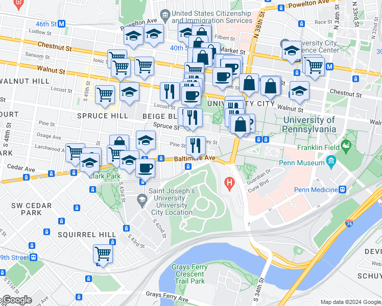 map of restaurants, bars, coffee shops, grocery stores, and more near 413 South 40th Street in Philadelphia