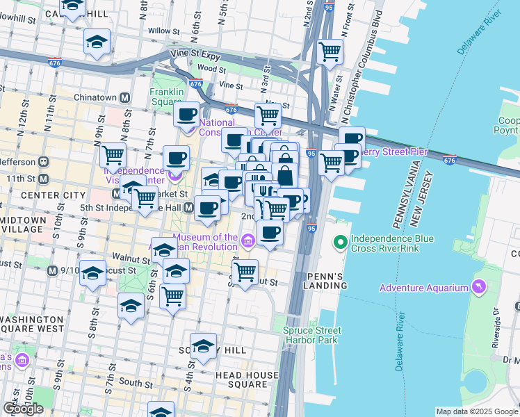 map of restaurants, bars, coffee shops, grocery stores, and more near 229 Market Street in Philadelphia