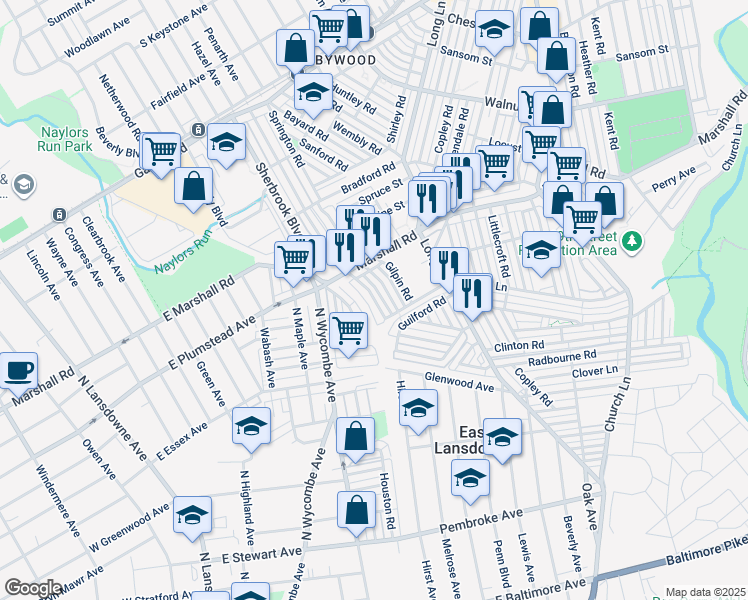 map of restaurants, bars, coffee shops, grocery stores, and more near 58 Springton Road in Upper Darby