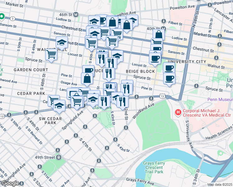 map of restaurants, bars, coffee shops, grocery stores, and more near 4224 Osage Avenue in Philadelphia