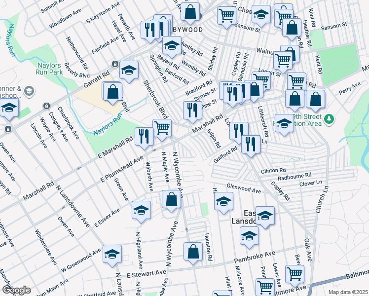 map of restaurants, bars, coffee shops, grocery stores, and more near 271 Sheffield Road in Lansdowne