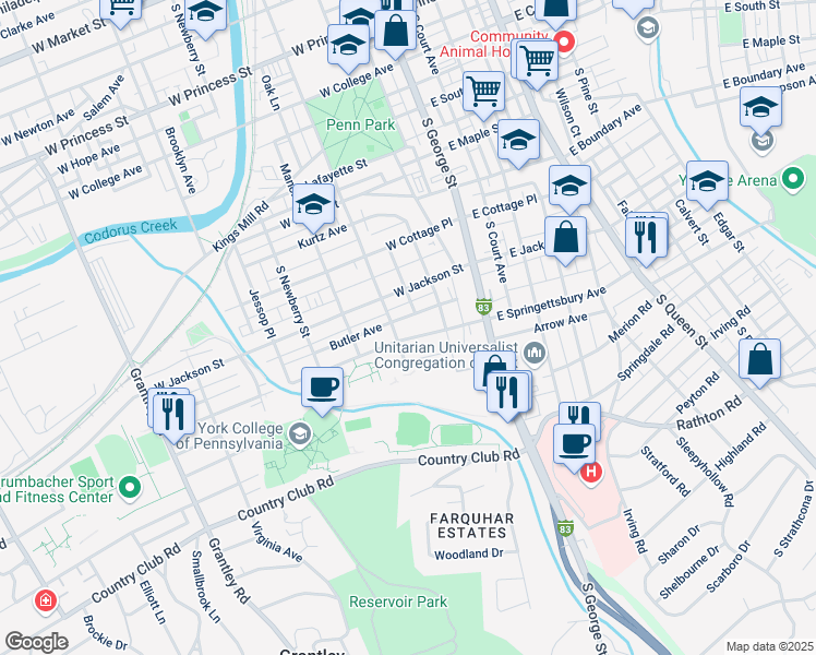 map of restaurants, bars, coffee shops, grocery stores, and more near 121 Butler Avenue in York