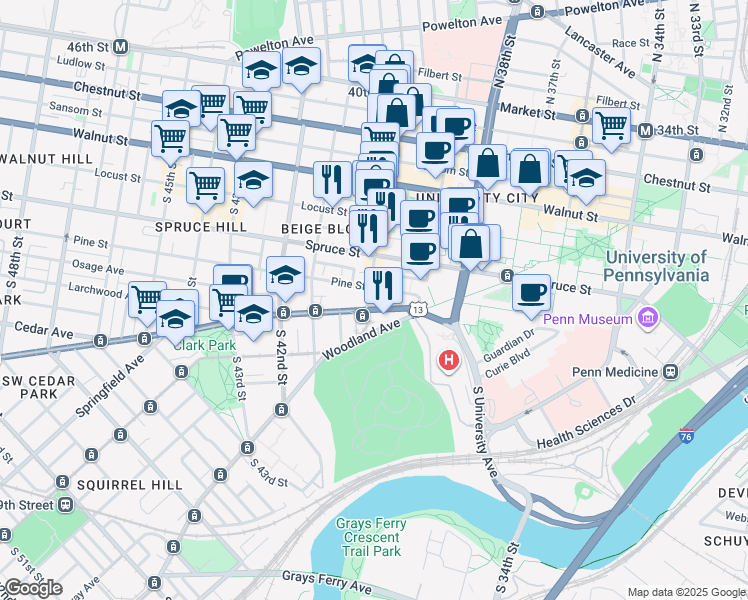 map of restaurants, bars, coffee shops, grocery stores, and more near 413 South 40th Street in Philadelphia