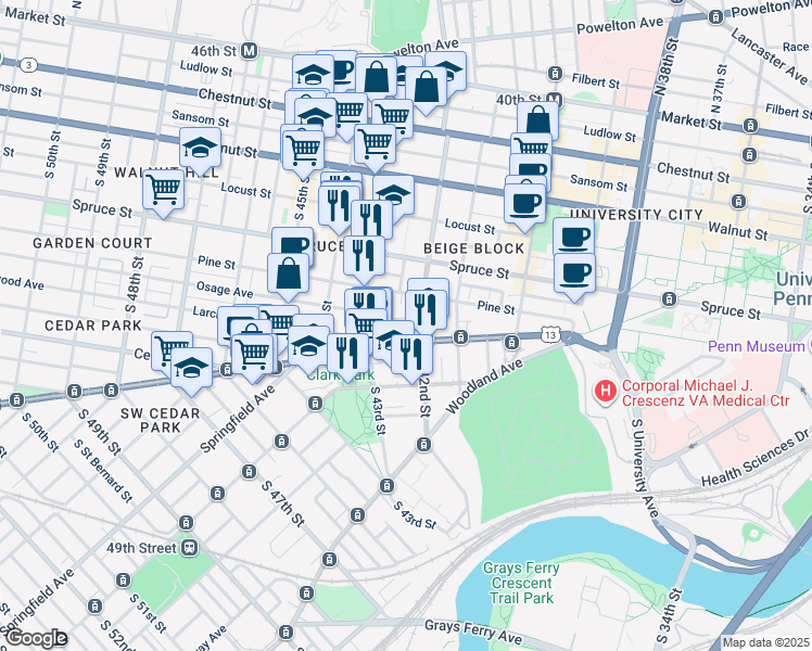 map of restaurants, bars, coffee shops, grocery stores, and more near 4208 Osage Avenue in Philadelphia
