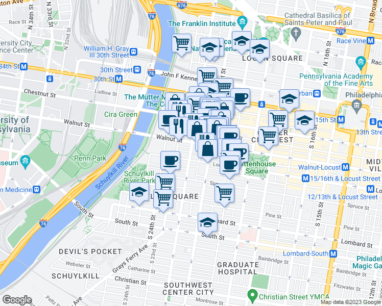 map of restaurants, bars, coffee shops, grocery stores, and more near 229 South 22nd Street in Philadelphia