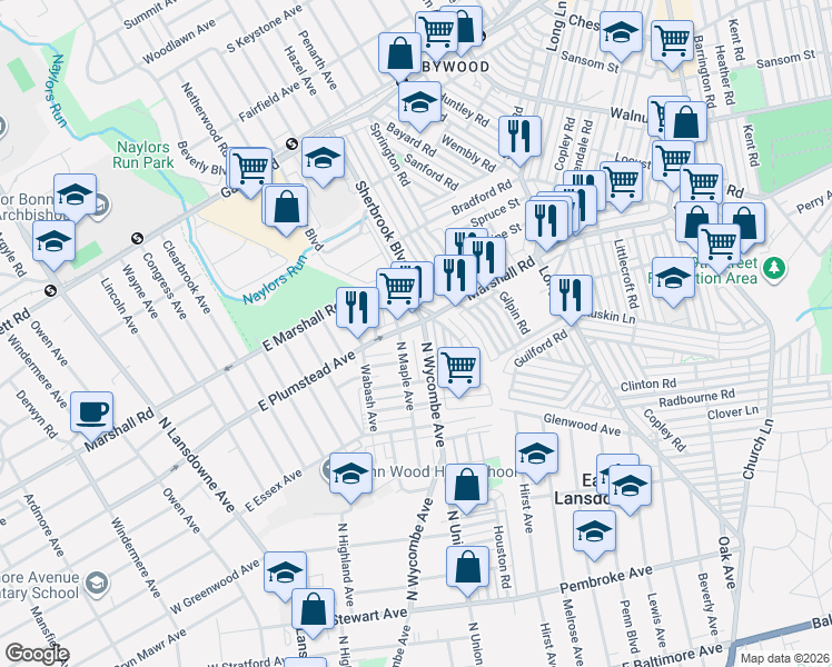 map of restaurants, bars, coffee shops, grocery stores, and more near 206 East Marshall Road in Lansdowne