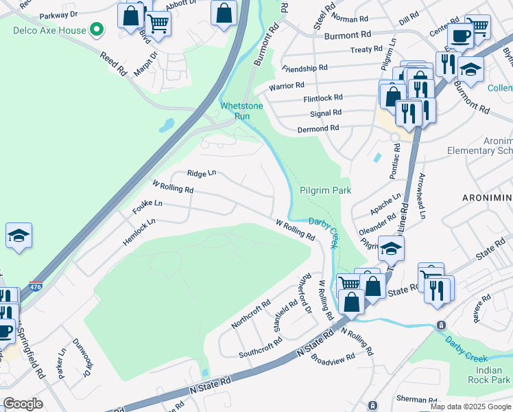 map of restaurants, bars, coffee shops, grocery stores, and more near 719 West Rolling Road in Springfield