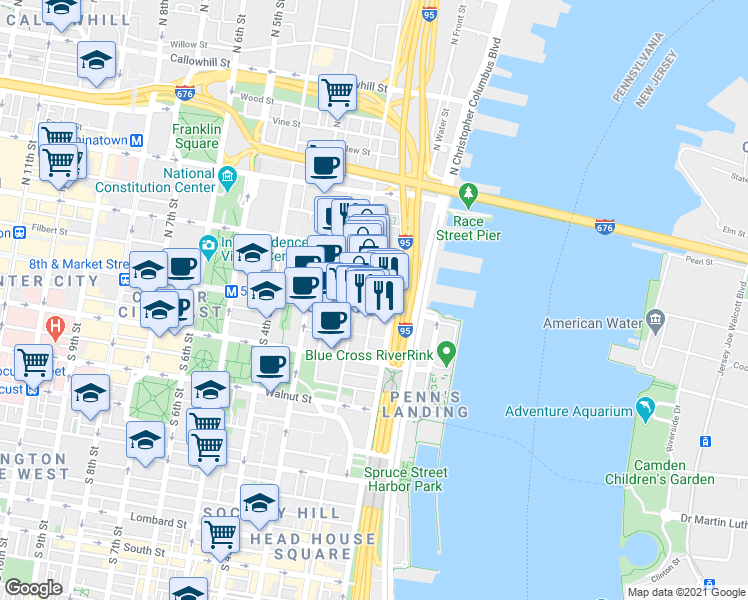 map of restaurants, bars, coffee shops, grocery stores, and more near 102-22 Church Street in Philadelphia
