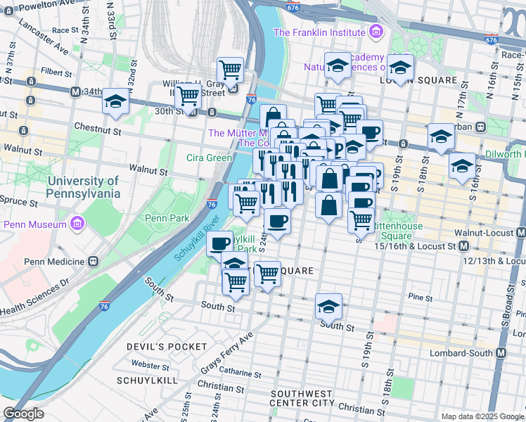 map of restaurants, bars, coffee shops, grocery stores, and more near 2400 Walnut Street in Philadelphia