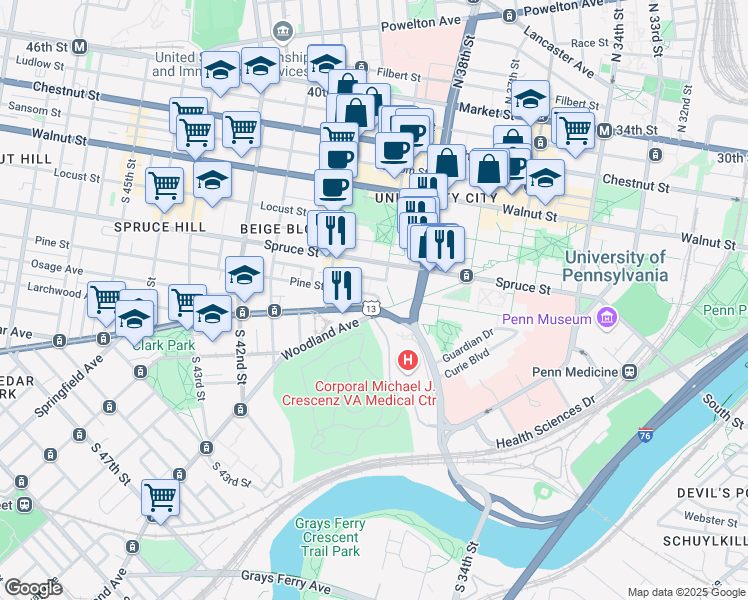map of restaurants, bars, coffee shops, grocery stores, and more near 3914 Pine Street in Philadelphia