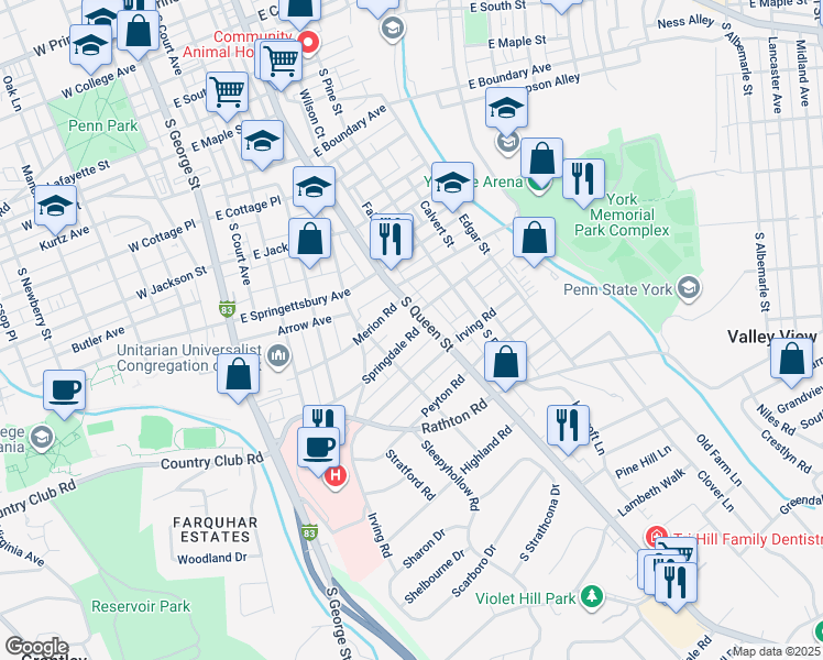 map of restaurants, bars, coffee shops, grocery stores, and more near 171 Springdale Road in York