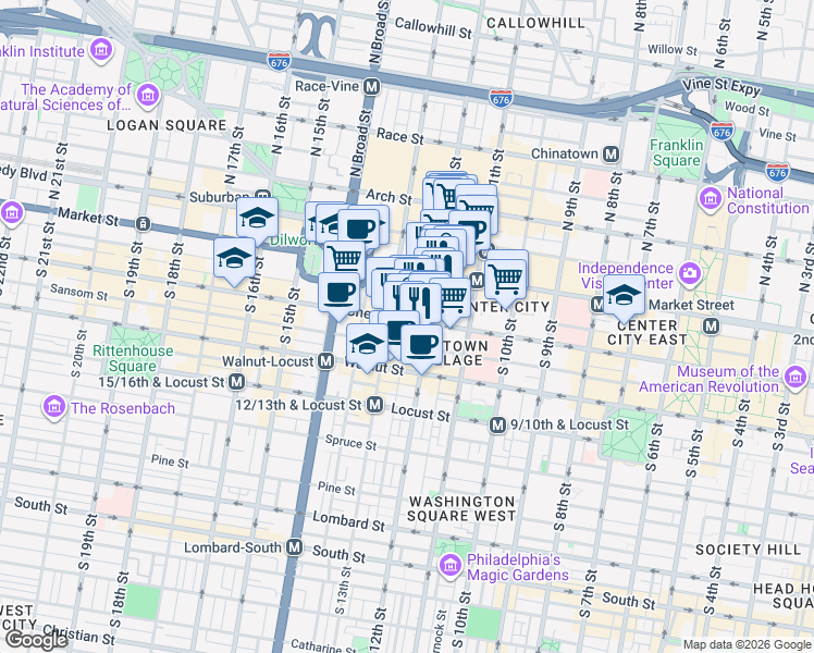 map of restaurants, bars, coffee shops, grocery stores, and more near 12 South 12th Street in Philadelphia