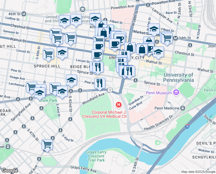 map of restaurants, bars, coffee shops, grocery stores, and more near 3918 Pine Street in Philadelphia